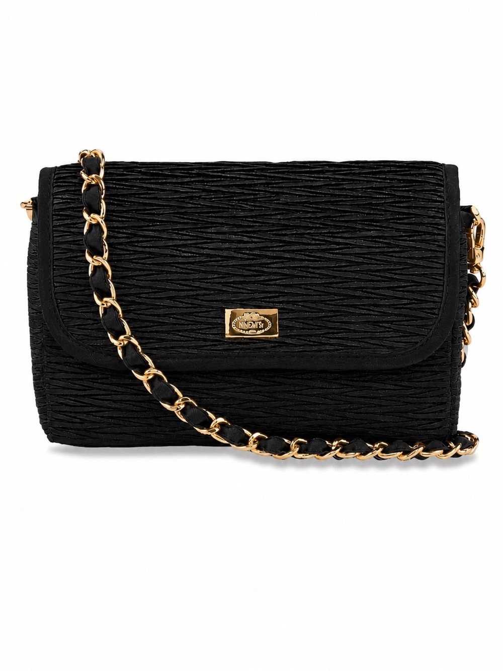 NaRaYa Black Pleated Satin Mini Sling Bag with Gold Chain